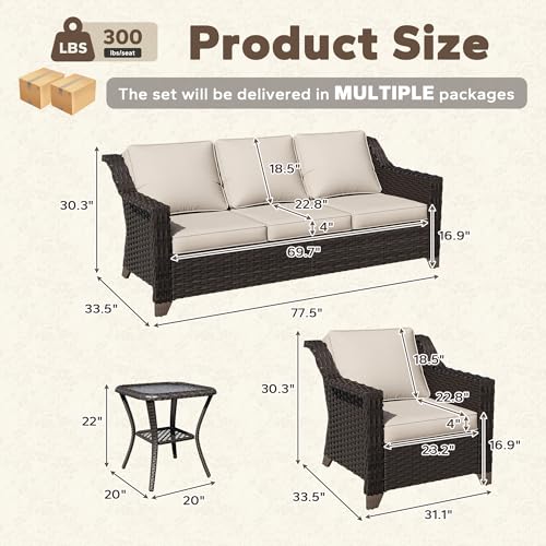 Image of 4 Piece Patio Furniture Set, Wicker Outdoor Conversation Set | Patio Chair Set with Olefin Removable Cushion, All-Weather Outdoor Couch with Deep Seat for Porch, Deck and Backyard, Beige