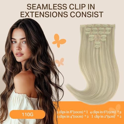 Image of DOORES Seamless Clip-in Hair Extensions - Ash Blonde Highlighted Platinum Blonde, 110g, 7pcs, 18 Inch, Straight Invisi Edge