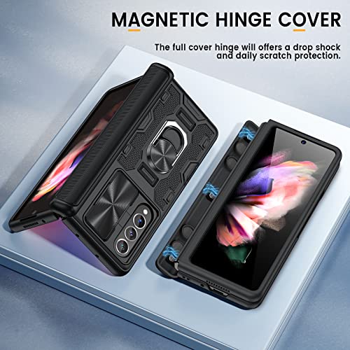 Caka Z Fold 3 Case With Slide Camera Cover, Kickstand, Ring Holder, Tempered Glass Screen Protector - 5G (Black) #TOP7