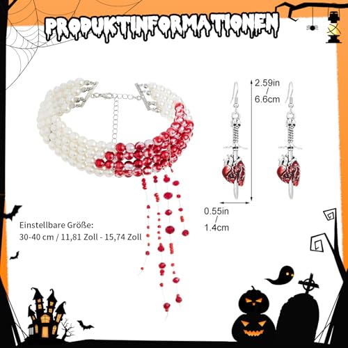 Vampir Kostüm Damen Set - Halloween Accessoires Damen & Vampir Zubehör - Blutige Perlenkette & Ohrringe für den Grusel-Look, Halloween Kostüm damen, Verstellbarer Blutige Perlenkette für Halloween