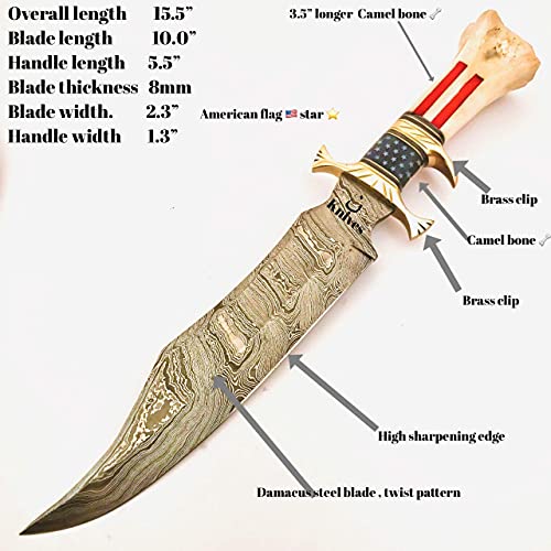NoonKnives : CUSTOM HAND MADE DAMASCUS STEEL COLLECTIBLE GUTT KNIFE HANDLE MATERIAL BONE USA FLAG ACID ACHING (STAR) - Thumbnail 5