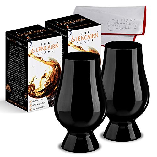 The Black Glencairn Whisky Glass, Official Blind Tasting Crystal Whiskey Glassware, Set of 2 with CairnCloth Polishing Cloth