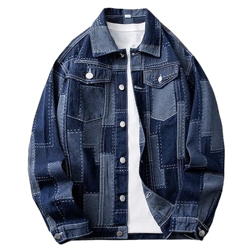 JEKE-DG Men Patchwork Lapel Denim Jacket Casual Slim Fit Jeans Jacket Big Pocket Colorblock Cowboy Outerwear