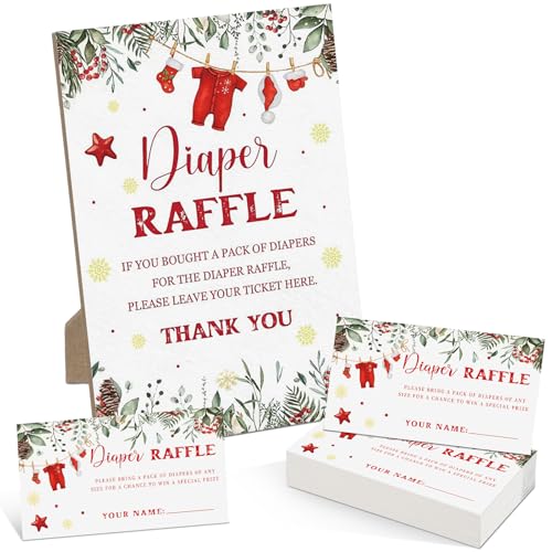 Lerheedi Christmas Baby Shower Diaper Raffle Sign and 50 Tickets
