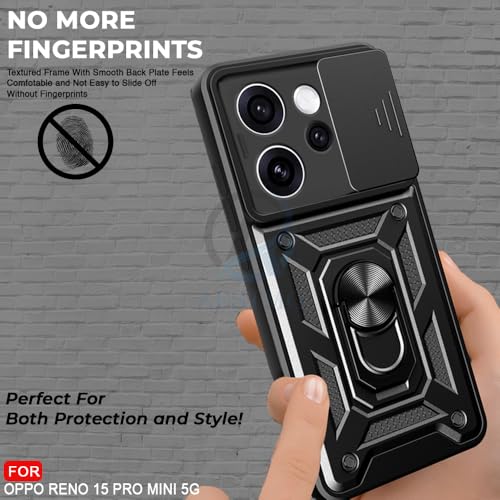 Image of AESTMO Tough Armor Oppo Reno 15 Pro Mini 5G Bumper Back Case Cover | Ring Holder & Sliding Camera Shield Cover | 360 Degree Protection Back Case Cover for Oppo Reno 15 Pro Mini 5G (Black)