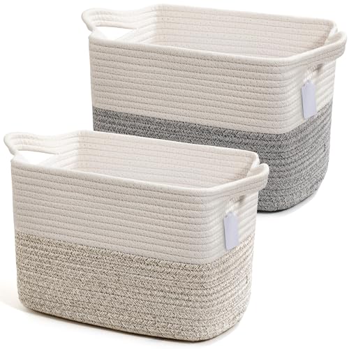 Effectyou Modern Cotton Rope Storage Baskets with Handles – Woven Organizing Bins for Laundry, Toys, Blankets & Bathroom Storage, Home Decor, Gift Basket Set of 2 (13 x 10 x 9 Inches)