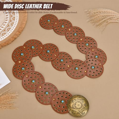 Western Leather Belts for Woman Boho Cowgirl Wide Disc Belt for Women Concho Cowboy Waist Belts for Dress (Brown-bronze Buckle, 48'' (fits waist size up to 45''))2