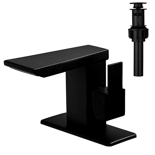 BESy Black Brass Bathroom Faucet Waterfall Single Handle Single Hole 1 Hole Bathroom Sink Faucet with 6'' Deck Plate,Rv Lavatory Faucet with Supply Lines, Solid Brass / Matte Black Finish