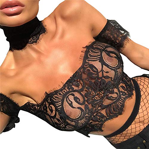 Lingerie sexy feminina para sexo, malha de renda, babydoll vazado, collant, Preto, M