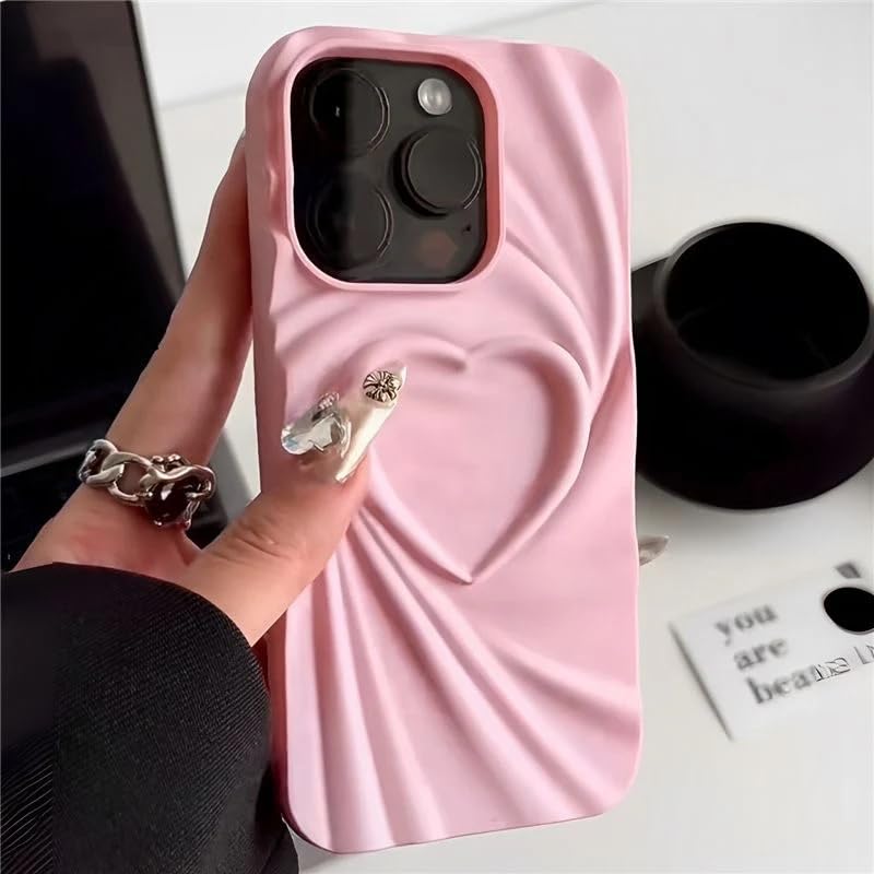 Image of COVERLY Heart Shape Design Back Case Cover for iPhone 12 Pro | Embossed Wrinkle Cute Silk Pattern | Love Trendy Matte TPU | Soft Silicone Fashion Aesthetic Cover for Girls & Women (Peach, Shockproof)