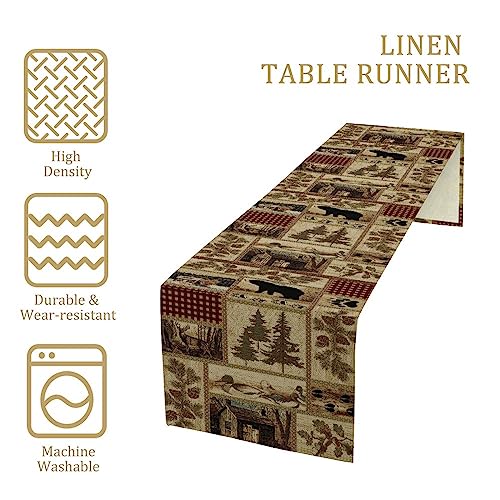 Image of Rustic Country Bear Table Runner,Patchwork Cabin Wild Animals Hunting Table Cloth for Home Kitchen Dining Table Decoration Party 13x60 in
