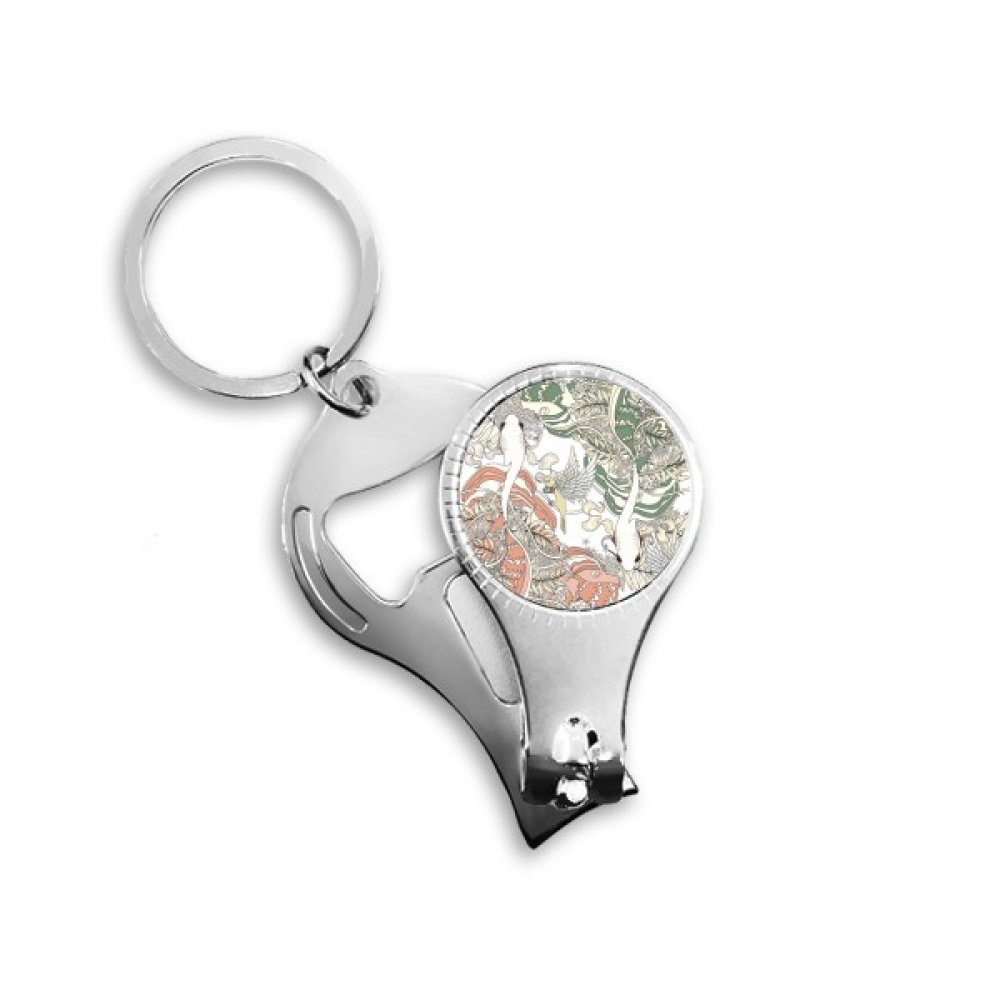 Porte-clés décapsuleur Ukiyo-e avec coupe-ongles motif carpe et oiseau du Japon