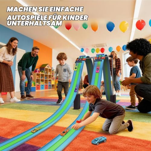 ACELIFE Flexible Autorennbahnen, 4.5M Autorennbahn Inklusive 6 Autos Tragbare Dreispurige Rennstrecke Rampen für 1/64th Autos Spielzeug… – Ansicht 4