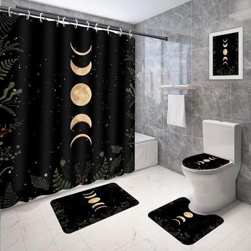 Coxila Moon Phase Shower Curtain Set Moonlit Celestial Plant Goth