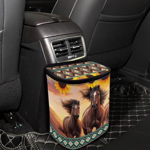 Image of Brown Horse Car Trash Can with Lid,Hanging Leak Proof Garbage Bin for Back Seat,Universal Fit Most Vehicle Truck Interior Accessory