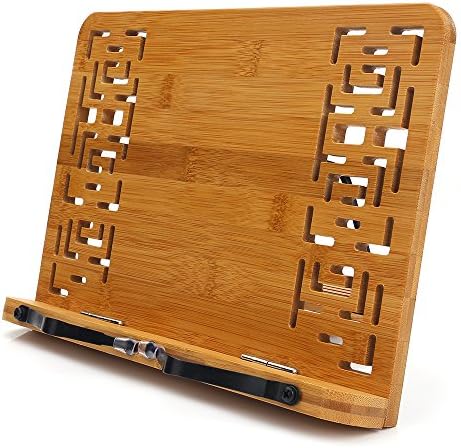 wishacc Bamboo Book Stand Reading Rest Holder Cookbook Cook Stand/Foldable Tablet PC Textbook/Music Document Stand/Desk Bookrest with Retro Hollow Elegant Pattern