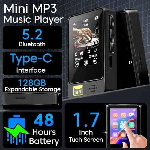 Image of Sounce 32GB Mini MP3 Music Player with Bluetooth 3.2, Touch Screen, Video Playback, Voice Recording, FM Radio & Built-in Speaker | Pocket-Sized Music Player Expandable Up to 128GB (Black)