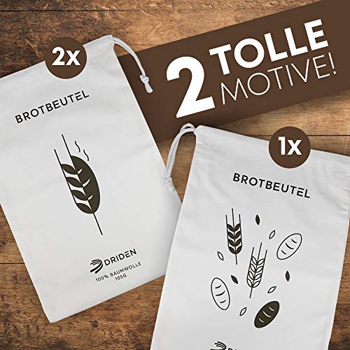 Foto von DRIDEN Brotbeutel XL [3er Set] 100% Natur Baumwolle - Brotsack für frische Brötchen & Großeinkäufe - Hohe Robustheit durch integrierten Rissschutz