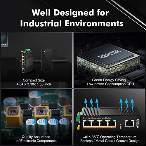 Image of MokerLink 5 Port PoE Industrial DIN-Rail Network Switch, 60W IEEE802.3af /at PoE Power, 10 /100Mbps Fast Ethernet, IP40 Rated Network Switch (-40 to 185F), with UL Power Supply
