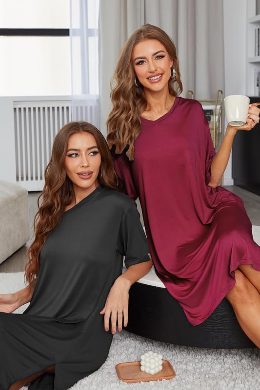 Image of ft FENTENG 2-Pack Women's Nightgowns Short Sleeve Nightshirt V Neck Soft Sleepwear Casual Sleepshirts Loose Pajama Dress