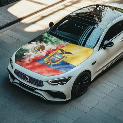 Image of Car Hood Cover Mexican Flag and Ecuador Flag Car Hood Protector Waterproof Universal Automotive Exterior Accessories Patriotic Decorations for Compact Vehicles Sedans Trucks SUVs Pickup