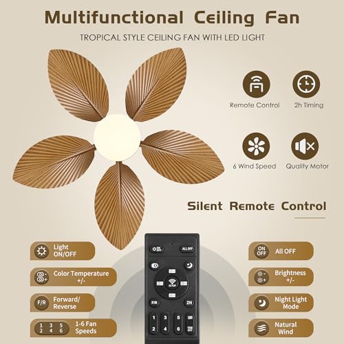 She's home 5 Palm Leaf Ceiling Fan with Light and Remote Control, Tropical Coastal Outdoor Ceiling Fans for Patios, Outside,Bedroom,Ktchen - Image 3