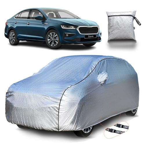 Image of Continental [SilverGuard] Dual Belts Extra Protection Skoda Slavia Car Cover (2022-2026) Build with Triple Stitched, Waterproof & Dustproof Car Cover for Slavia (Metallic Silver).