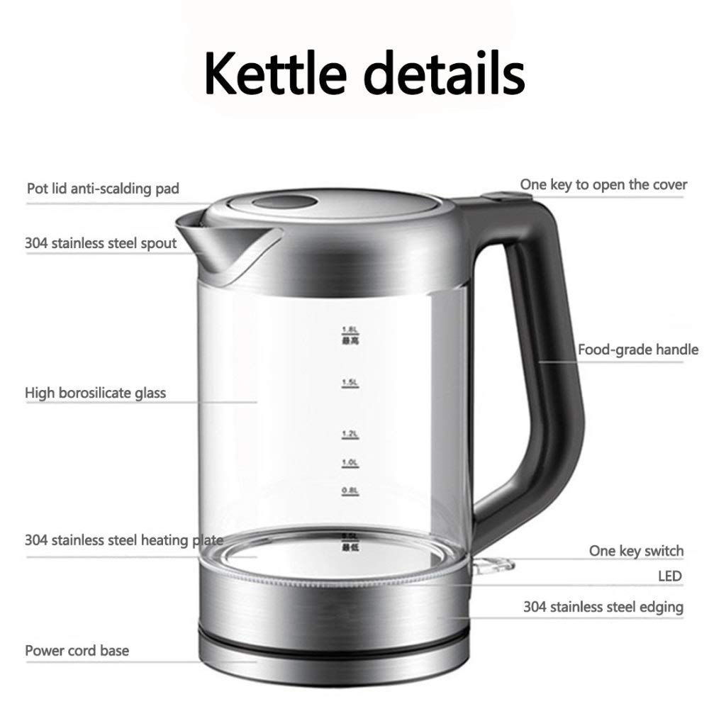-Bollitore elettrico in vetro, bollitore con controllo della temperatura da 1,8 litri, luce a LED, bollitore senza fili, spegnimento automatico, 100% senza Bpa, bollitore per caffè, tè, caffè