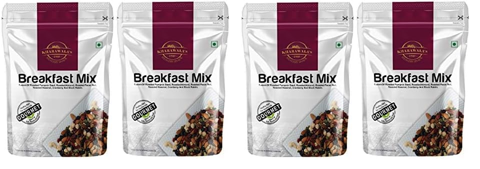 Image of KHARAWALA'S Breakfast Mix - Pack of 4 (200gm Eac) | Fusion of Roasted Pumkin Seed, Almonds, Pecan Nuts, Hazelnut, Cranberry & Black raisins