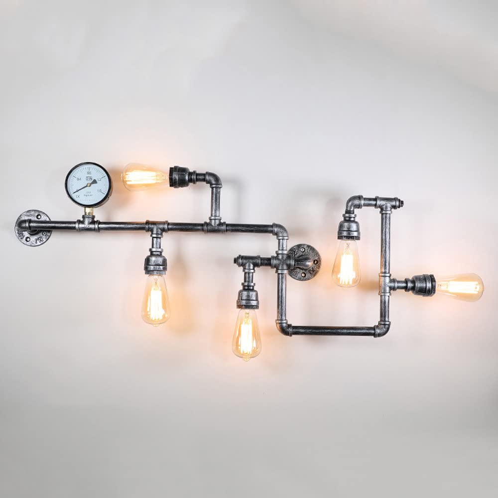 Lchjx Light/Silver/Grey Industrial Wall Water Pipe Wall Sconce Steampunk Wall Lamp 5-Way Sconces Wall Ing Fixture Retro Hardwired Wall Lamps For Living Room Bar Farmhouse Wall S ( Grey)