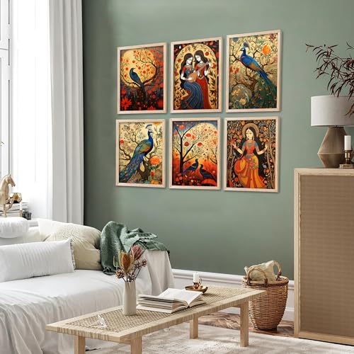Image of kotart Premium Digital Madhubani Art Paintings with Frame for Home Decor - Framed Painting for Living Room Bedroom Office Room Decor - Painting for Wall Decoration - Pack of 6 (F)