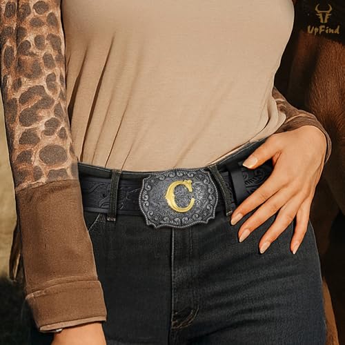 Western Cowboy Leather Belt Men Women, Gold Initial Letters ABCJMZ Buckle Embossed Belt for Jeans