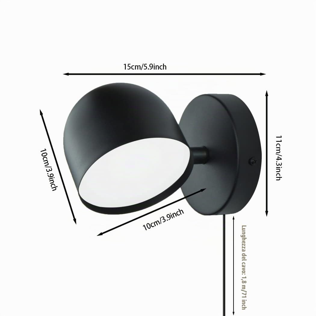 12W Applique da Parete con Spina, LED Touch Dimmerabile, 3000K, Nero | Lampada da Parete, Lampada da comodino, Luce da Lettura Orientabile, Cavo 1.8m, Camera da Letto, Soggiorno, Ufficio
