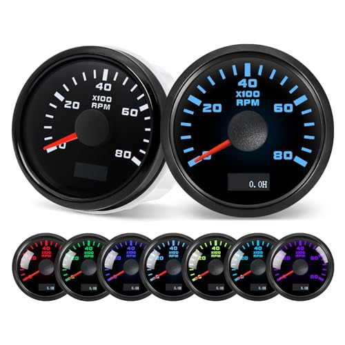 MH Tachometer 2-1/6" 52mm 8000 Tach Boat RPM Gauge 7 Color Waterproof for AUTO Car Truck Marine（Black）