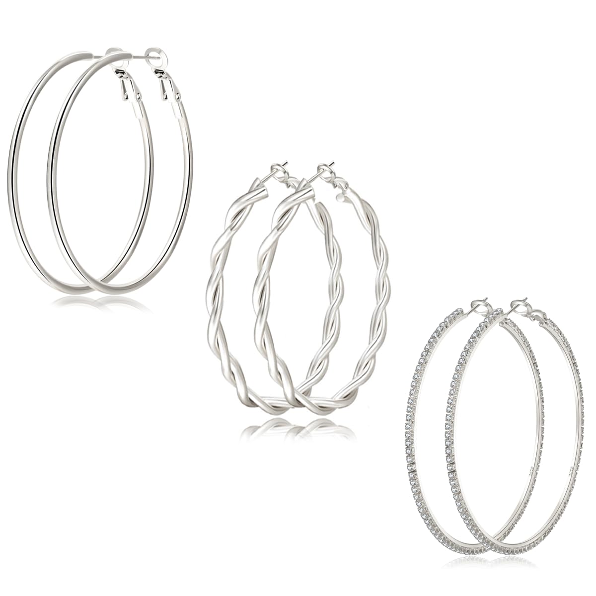 NEVEGE3 Pairs Sterling Silver Hoops Earrings Large Silver Hoop Earrings for Women Hypoallergenic Lightweight Twisted Rhinestone Hoop Earrings Set 20/30/40/50/60/70MM