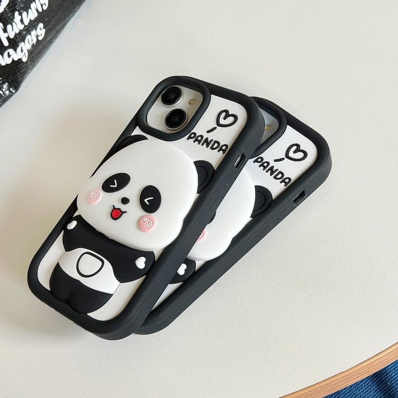 Image of COVERLY 3D Panda Mirror Cartoon Stand Case,Premium Silicone Full Protective Case Cute Bear Love with Phone Holder Cool Makeup Mirror Kawaii Aesthetic Cover for Apple iPhone 15 Pro Max