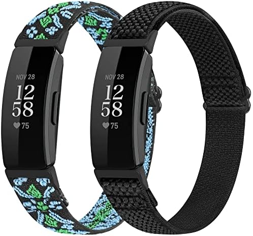 SHIJZWD Adjustable Elastic Watch Strap Compatible with Fitbit Inspire 2/Fitbit Inspire/Inspire HR, Soft Breathable Nylon Sport Band Stretchy Replacement Wristband Women Men (Black+Off-white)