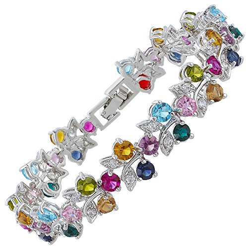 Rizilia Tenis Pulsera [18cm/7inch] con Corte Redondo Piedras Preciosas Circonita CZ [Multicolor] en 18K Chapado en Oro Blanco, Elegancia Moderna Sencillo Cover