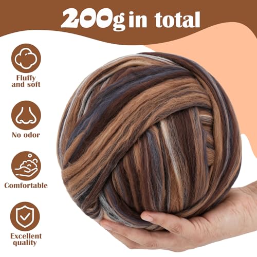 Image of Wool Roving 7.02oz Colored Natural Needle Felting Wool Bulk for Spinning, Arm Knitting Blanket, Wet Felting, Handcrafts, Yarn Roving for DIY Craft Materials(Mocha Ombre)