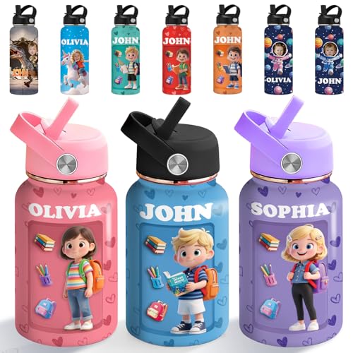 Custom Water Bottle 3D Photo Printed with Name 12/18/32/40oz Personalised Water Bottles Double Wall Insulated Customised Leak Proof Stainless Steel Water Bottles with Straw Gifts for Boys Girls