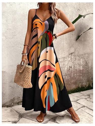 Image of GORGLITTER Women's Sleeveless V Neck Oversized Maxi Long Dress Boho Bump Friendly Graphic Casual Beach Flowy Sun Dress