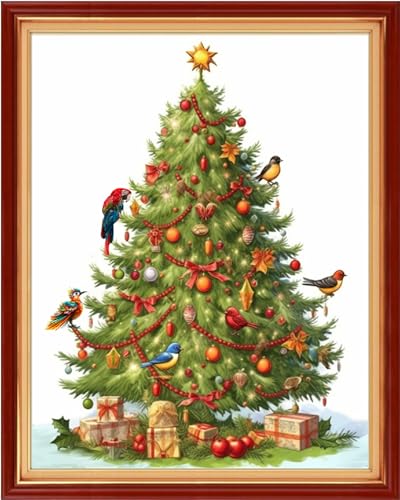 Image of Dimensean Stamped Cross Stitch Kits Full Range of Embroidery Patterns Starter Kits for Beginners Adult DIY Cross Stitches Needlepoint Kits 11CT-Christmas Tree Bird 16x20 inch