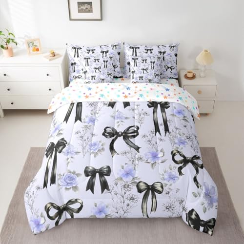 Image of Black Bow Tie Bed in a Bag King Size Comforter Set 7-Piece Boho Floral Pink Flowers Bedding Sets Cute Princess Bow Comforter and Sheet Set, Girly Ribbon Bowknot Room Decor,Kawaii Room Decor Aesthetic