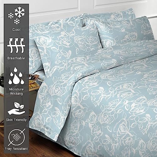 Pizuna Cotton Simply Floral Blue Print Emperor Duvet Cover Set 285x240 400 Thread Count Long Staple Cotton Emperor Quilt Cover Sateen Cooling Duvet Cover with Button Closure (Printed Duvet Cover) - Image 2