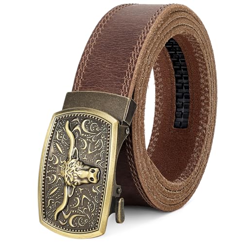 Mens Belts Leather, Full Grain Leather Handmade Belt with Bull Ratchet Buckle, 100% Italian Real Solid Top genuine Leather Dress Belts, Brown