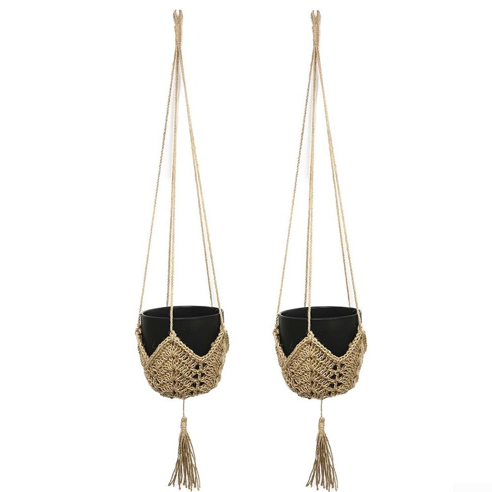 Lot de 2 cintres pour Pots de Fleurs, Design tissé avec Crochets pour Une Suspension Facile à l'intérieur et à l'extérieur (Corde de Chanvre)