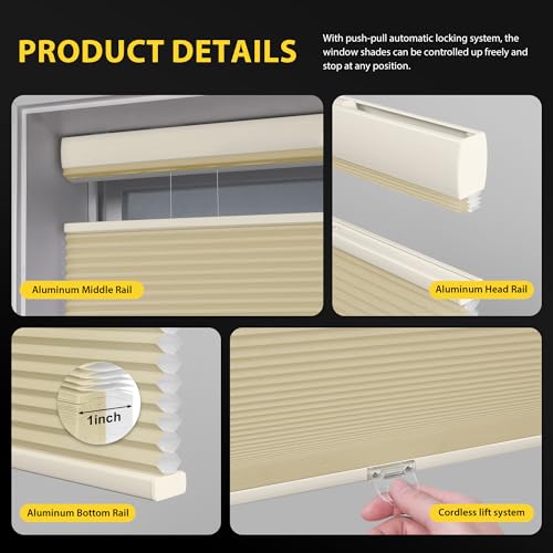 Unishades Top Down Bottom Up Cellular Shades Cordless Blackout Light Blocking Honeycomb Shades Pleated Blinds Size 47\" W × 64\" H, Beige - Light Filtering