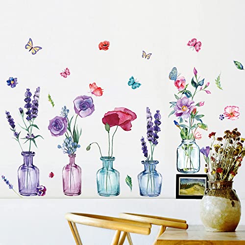 Watercolor 5 Vases Wall Decals Colorful Flowers Wall Decal Floral In Vase Wall Stickers Diy Removable Purple Rose Plants Art Murals Baby Kids Girls Bedroom Living Room Office Bathroom Home Decoration #TOP3