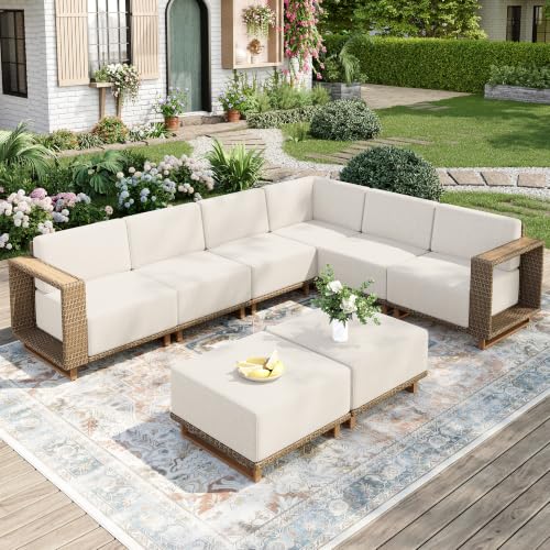 Image of MIXPATIO 8 Pieces Patio Sectional Furniture Set, Outdoor Conversation Sets with 10 inch Thick Cushions, Yellow Wicker Rattan Modular Sofa Couch, Low Profile Deck Backyard Lawn Furniture