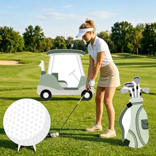 Image of 3 Pcs Golf Cart Cardboard Cutout Photo Booth Props for Hole in One Party, Large Golf Carts, Bags, and Balls Standee Par-Tee Birthday Retirement Decorations Sport Themed Events Supplies